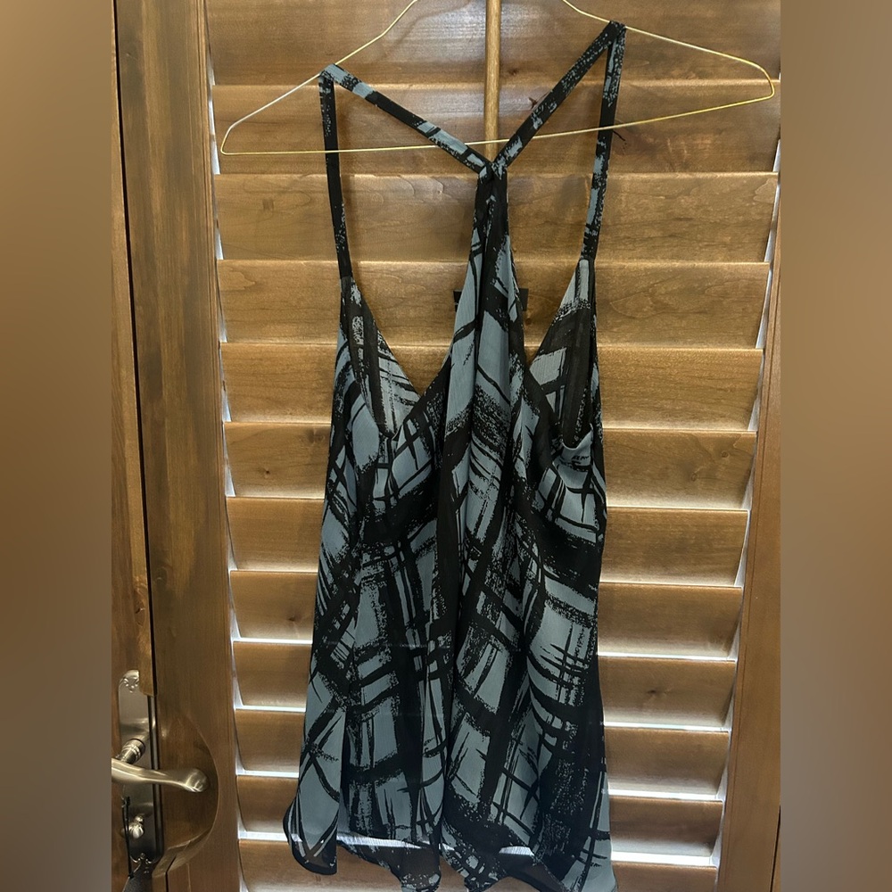 Stylish Patterson J Kincaid Blue and Black Brushstroke Plaid Strappy Top Size M